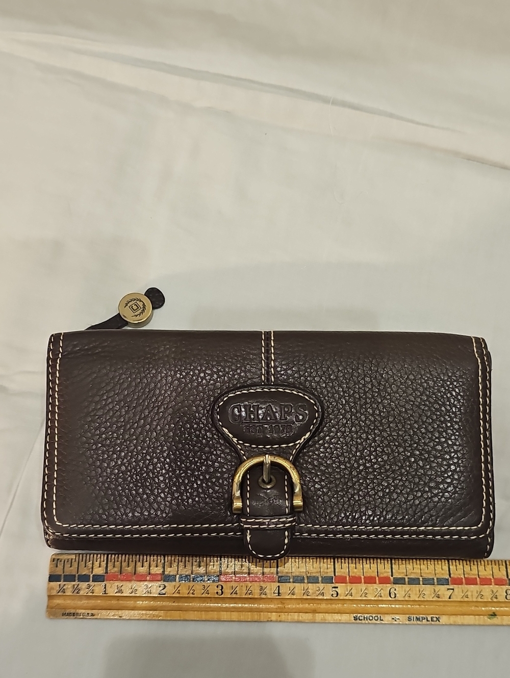 Chaps Dark Brown Pebbled Leather Men's Wallet with Gold Accent